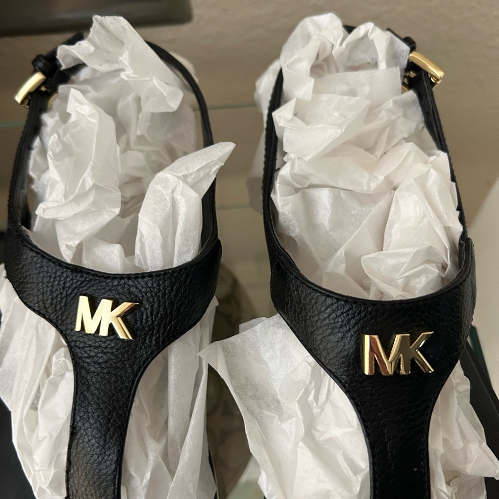 Michael Kors Black Leather Sandals with Gold Accents